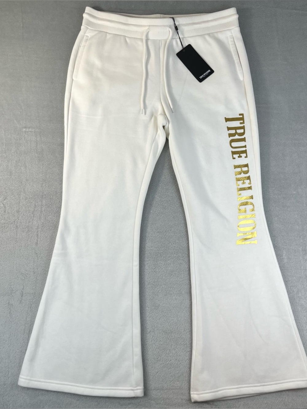 True Religion Flare Sweatpants White Gold Logo NWT Women’s Size L MSRP $114
